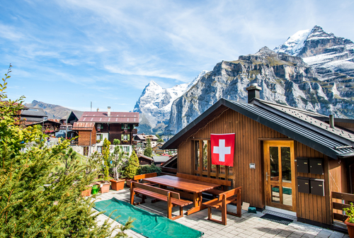 Wood,Chalet,With,Swiss,Flag,In,Mountain,Village,Murren,At